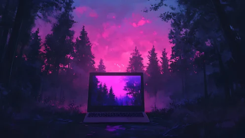 Laptop window glowing softly in a dreamy neon forest dusk.