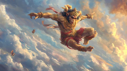 Mythic monkey warrior leaps through radiant evening clouds