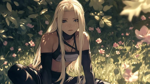 Pensive blonde warrior sits in sunlit wildflower clearing