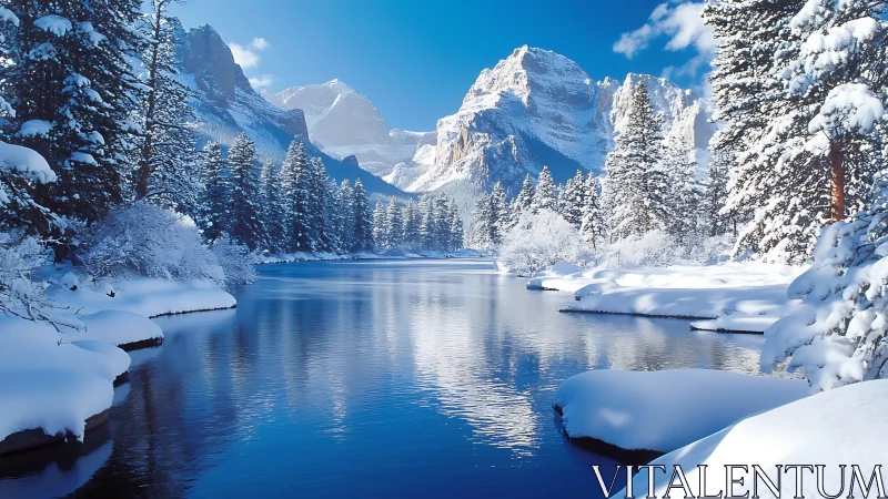 Snow-laden alpine river framed by pines and granite peaks.