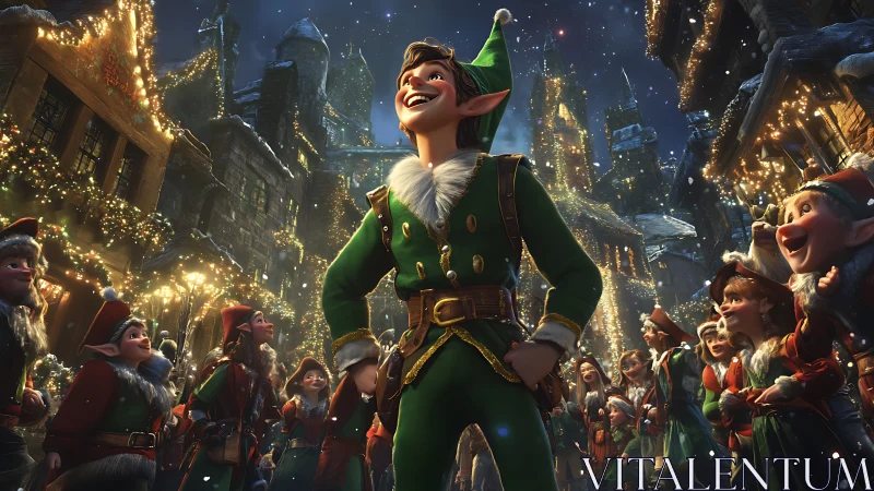 Joyful Christmas elf leading a sparkling village celebration.