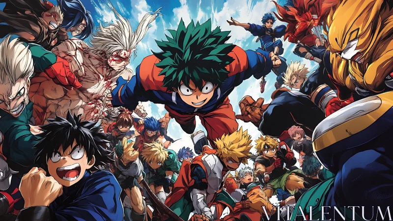 Dynamic anime battle tableau captures converging heroic forces