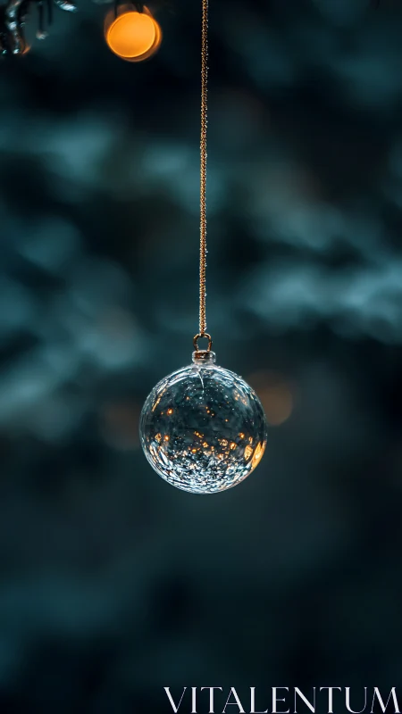 Glass ornament ball on chain against blurred blue lights.