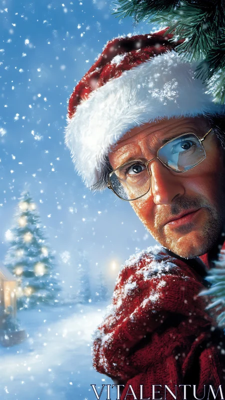 Man in Santa hat looks from behind tree in snowy scene