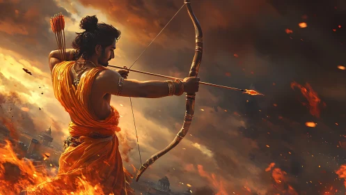 Mythic archer with ignited arrow amid turbulent firestorm.