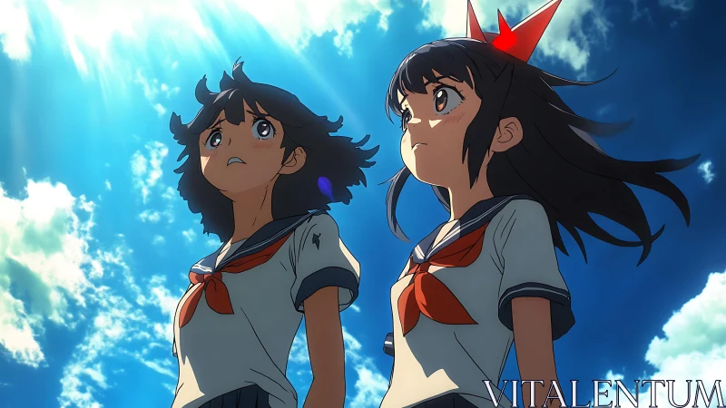 Anime schoolgirls gaze skyward under dramatic backlighting