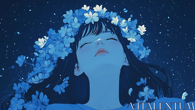 Girl with blue flower crown under starry night sky.