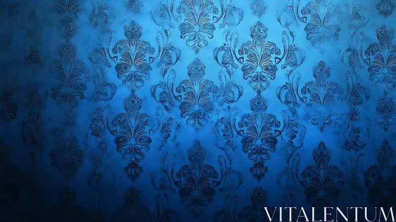 Blue damask wallpaper pattern with textured floral motifs.