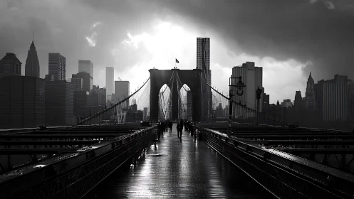 Stormlit bridgewalk into a brooding monochrome skyline.