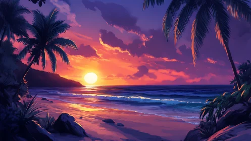 Digital painting of tropical sunset shoreline with palms framing.