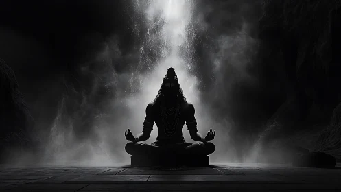 Meditating deity sits in divine light within misty cave