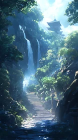 Stone stairway ascends through forested gorge toward pagoda