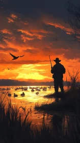 Sunset marsh watcher with ducks drifting in glowing water.