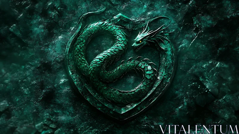 Emerald dragon crest coiled in a storm of textured stone.