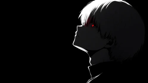 Side-lit anime profile with stark red eye glow on black field.