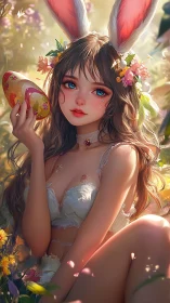Bunny-eared girl cradles painted egg in glowing meadow.