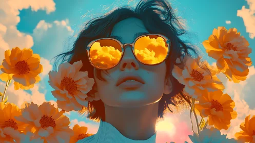 Sunlit dreamer crowned in cosmic marigold reflections.