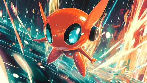 Red alien creature with glowing eyes in dynamic energy burst