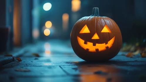 Carved jack o lantern glows on wet street in misty dusk