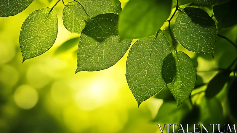 Close green leaves against bright yellow bokeh background