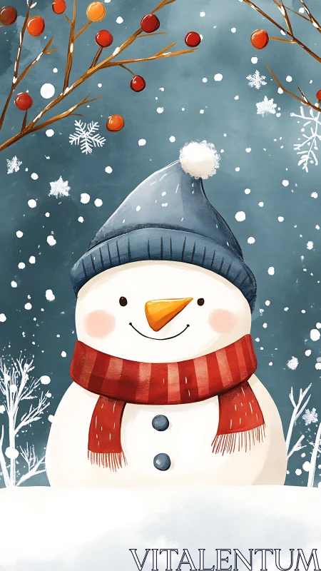 Smiling snowman illustration in snowy winter landscape.