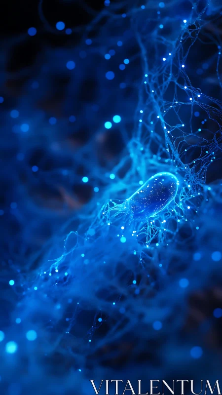 Glowing blue cell floats inside dense neural like network