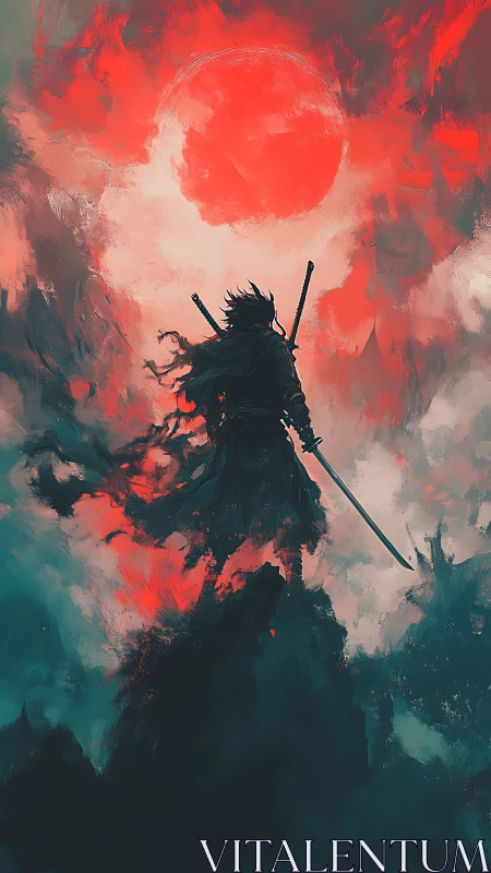 Silhouetted warrior with dual katanas under crimson eclipse sky