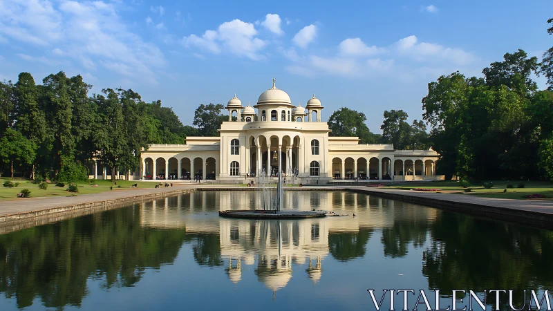 Neoclassical domed pavilion with colonnades mirrored in pool