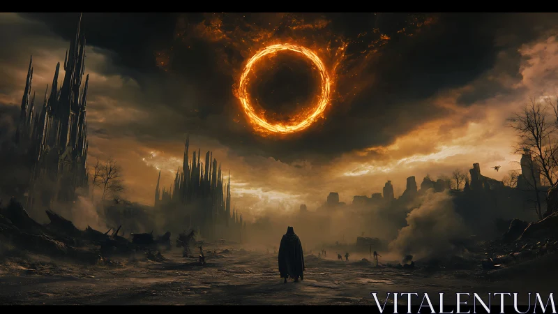 Cloaked figure in ruined landscape under fiery sky ring.