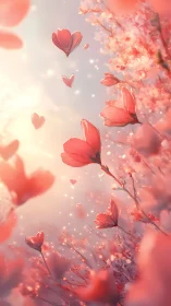 Floating Pink Flowers with Hearts and Sparkles