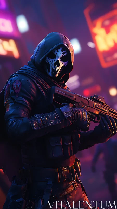 Neon masked vigilante prowls a restless cyberpunk night.