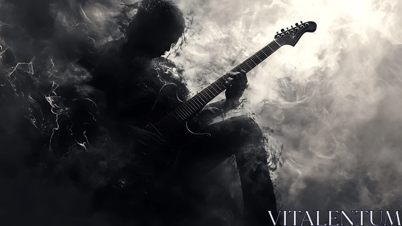Shadowed electric guitarist emerging from dense smoke.