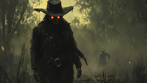 Grim gunslinger with glowing eyes stalks a haunted swamp.