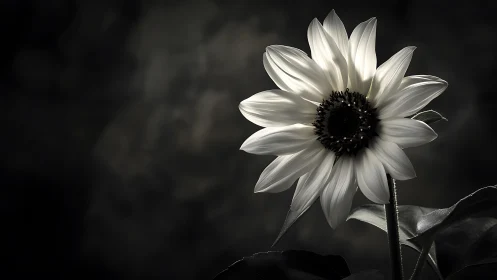 White sunflower glows against moody dark background.