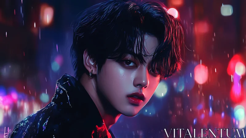 Digital portrait shows youth in rain-lit urban night scene