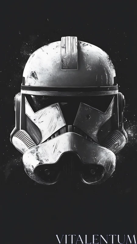 Steel visor remembers distant battles in monochrome silence