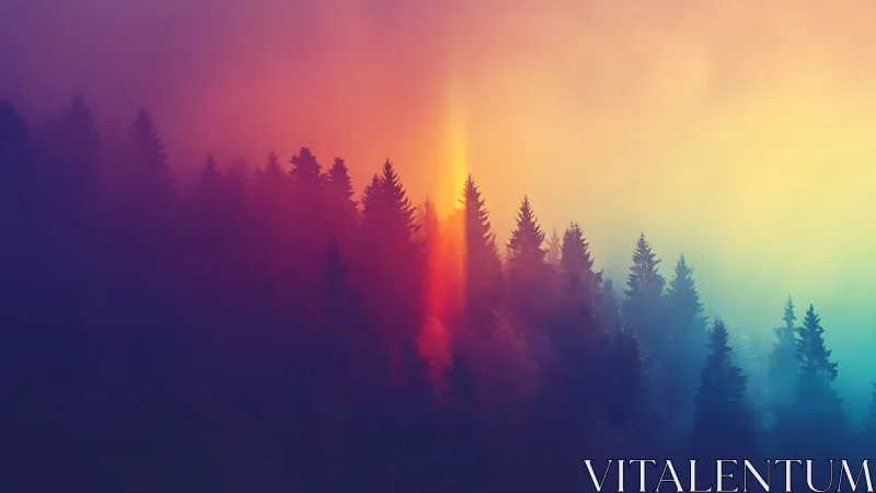 Forest Sunrise Through Layered Pines in Gradient Glow.