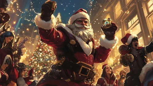 Santa-clad crowd in illuminated urban winter street scene.