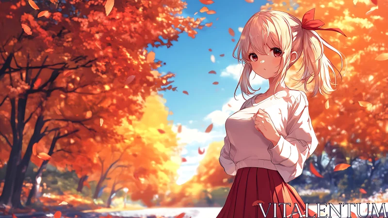 Anime girl walks through glowing autumn leaves in soft light