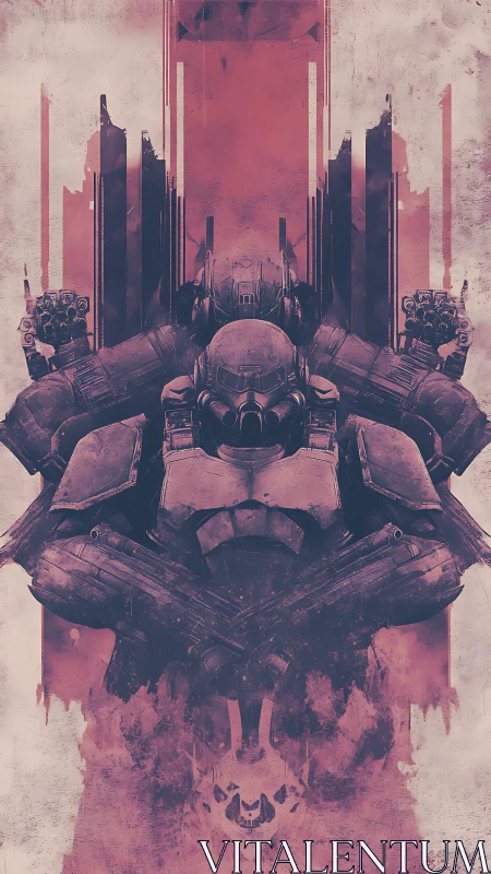 Armored war mech rises amid crimson dystopian monoliths