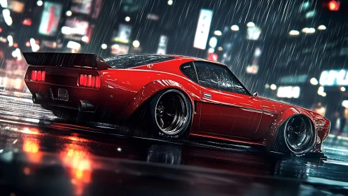 Red tuned sports car on wet neon city street at night.