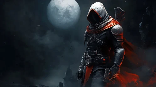Hooded lunar assassin in crimson cloak, cinematic moonlit vista.