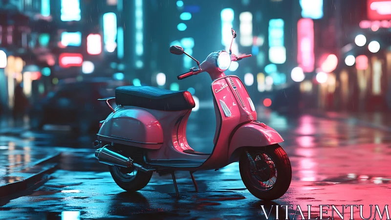 Pink retro scooter stands on wet neon city street at night