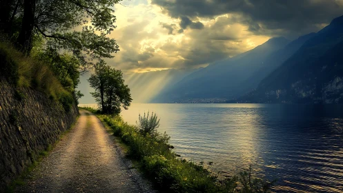 Golden light spills over a quiet lakeside mountain path