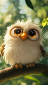 Digital rendering of small white owl on forest branch.