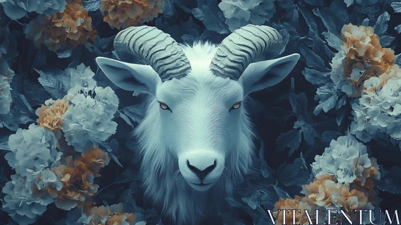 White ram portrait emerges from stylized floral foliage matrix
