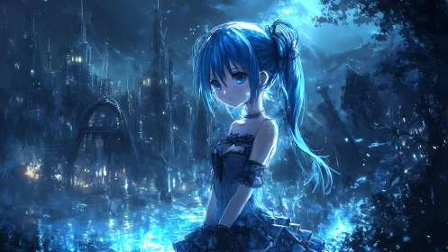 Blue-haired anime girl in luminous cyber-ruin environment.