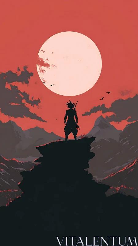 Warrior silhouette stands against oversized crimson moon
