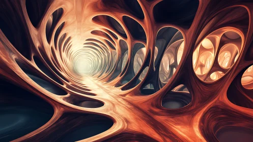 Organic tunnel corridor with glowing abstract lattice forms.