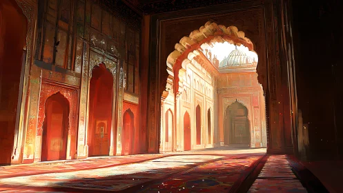 Golden morning light spills through a tranquil temple arcade